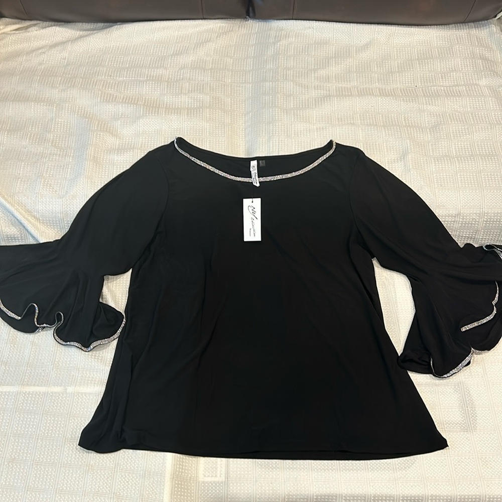 NY Collection Woman black blouse, with flare sleeve and rhinestones NWT